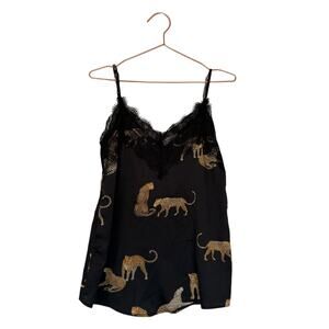 Black Satin Leopard-Print Lace Trim Chemise
